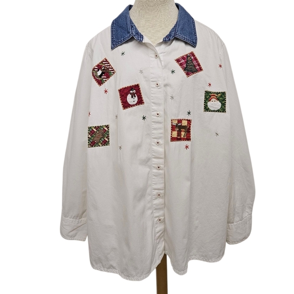 Christmas Embroidered Patchwork Long Sleeve Button Up in White Cotton Sz 3x - Picture 2 of 8